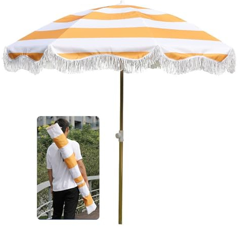 Parasol de plage réglable de 180 cm avec frange, portable, protection UV, parasol de terrasse, parasol de jardin pliable pour l'extérieur, Rayures blanches., 180cm/5.9ft