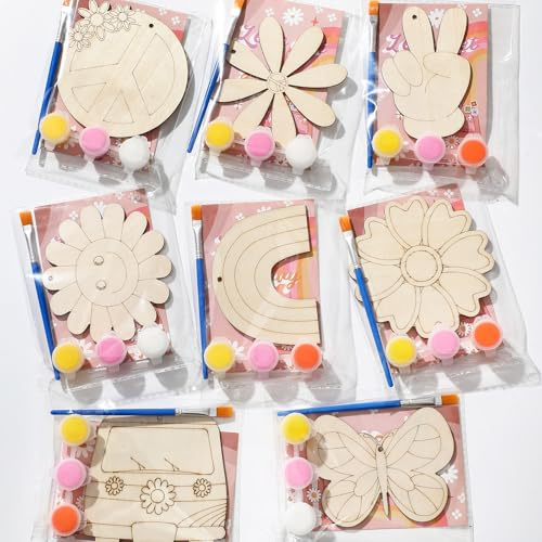 Saypacck 24 Pcs Party Favors Wooden Painting Craft Kits Birthday Party Supplies with Organza Bag for Goodie Bags Fillers Adult Thank You Gifts(Groovy Boho Hippie)