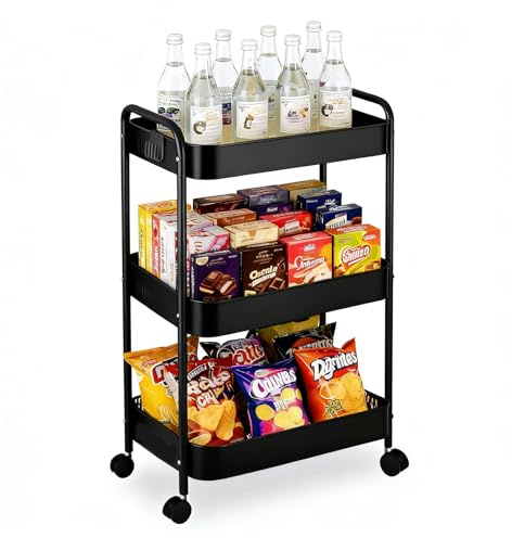 3 Tier Metal Storage Trolley on Wheels Kitchen Trolleys Utility Rolling Cart with Handle,Mesh Storage Cart Bathroom Cart Veg Rack and Multi-Purpose Organizer for Snack, Makeup, Book, Diaper