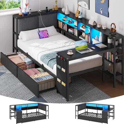 Brinlawb Canapé Lit 90x190 cm avec éclairage LED et multiprise, Cadre de Lit 90x190 cm avec Une Table et Deux Grands tiroirs, Lit Banquette Lit Enfant 90x190, Tête de Lit à Dossier Rembourré, Noir