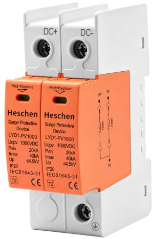 Heschen Photovoltaic Surge Protection LYD1-PV1000, 2-Pin 1000V DC Lightning Protection SPD, T2, 20kA/40kA, DIN Rail Mounting for Solar Connection Box and Inverter