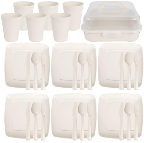 Set da picnic, set di stoviglie da campeggio in valigetta - 32 pezzi (Beige)