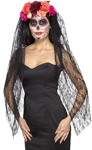 Smiffys Deluxe Day of the Dead Haarreif, Rot & Schwarz mit Rosen & Schleier, Mexikanischer Tag der Toten/Zucker Verkleidung Halloween Dress Up Zubehör