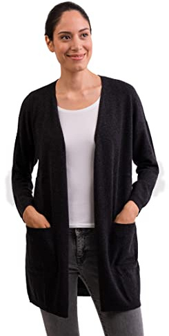 CASH-MERE.CH 100% kashmir dam cardigan lång, rakt snitt | lång kofta 2-trådig, Mörkgrå, S
