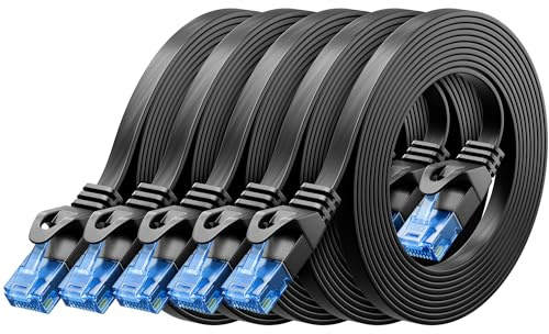deleyCON 5x 0,5m CAT6 Câble Réseau Plat 1000 Mbit Gigabit LAN - Cat 6 RJ45 Ethernet Câble Patch Mince Plat - pour Internet Switch Routeur Modem Panneau Patch - Noir