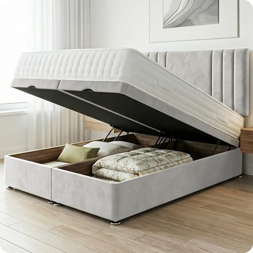 Comfy Deluxe LTD Savannah Ottoman Bed Base - 4FT Small Double, Silver | Plush Velvet Divan Storage Bed Frame with 26 Inch Headboard | Gas Lift Foot-End Opening | No Mattress Included | UK Made