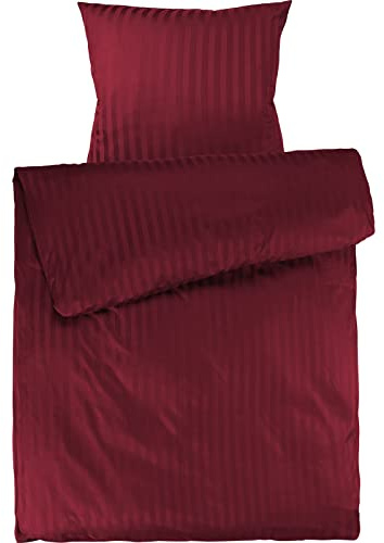 Pure Label Mako Satin Damast Streifen Bettwäsche rot 135 x 200 cm mit Kissenbezug 80 x 80 cm aus 100% Baumwolle | Traumhaft weiches Mako Satin Bettwäsche Set in Uni