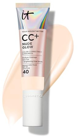 IT Cosmetics CC+ Nude Glow (Fair Porcelain) - Medium Coverage Foundation with SPF 40 & Brightening Glow Serum, Lightweight Skin Tint, 2% Niacinamide + Hyaluronic Acid, Up to 24H Hydration - 1.08 fl oz