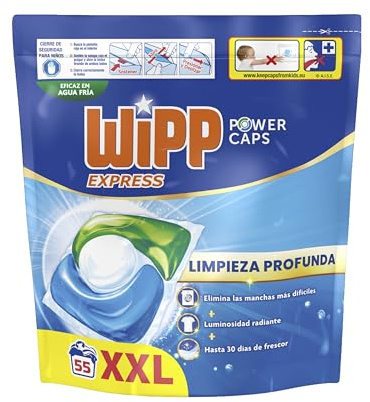 Wipp Express Power Caps (1 x 55), Detergente en cápsulas lavadora que proporciona luminosidad, pastillas lavadora para una limpieza profunda, hasta 30 días de frescor