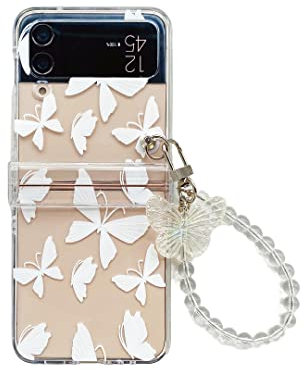 CrazyLemon für Samsung Galaxy Z Flip 3 5G Hülle, Durchsichtig Harter PC Scharnierschutz Case mit Armband Schlüsselanhänger Kreatives Muster Schutzhülle Handyhülle - Schmetterling