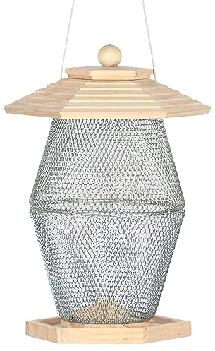 Dehner Natura Premium Futterlaterne Asmara, Futterstation für Wildvögel, Futterspender wetterfest / hängend, inkl. Aufhängevorrichtung, ca. 27 x 39 x 24 cm, Kiefernholz / Metall, natur / silber