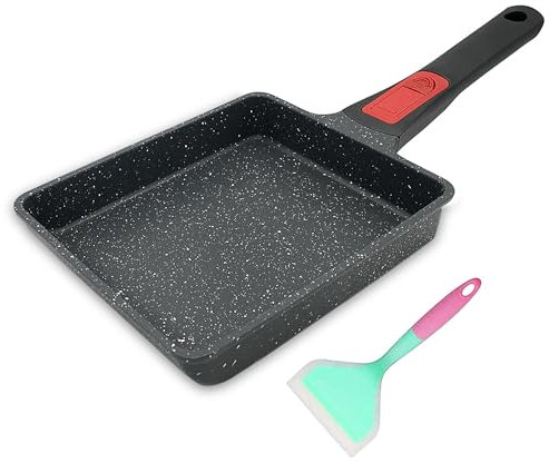 Bobikuke Padella per Omelette Giapponese Padella Antiaderente per Tamagoyaki con Manico in Legno Rimovibile 19 * 16 * 4 cm, Uova Padelle Rettangolare con Spatola in Silicone (Nero)