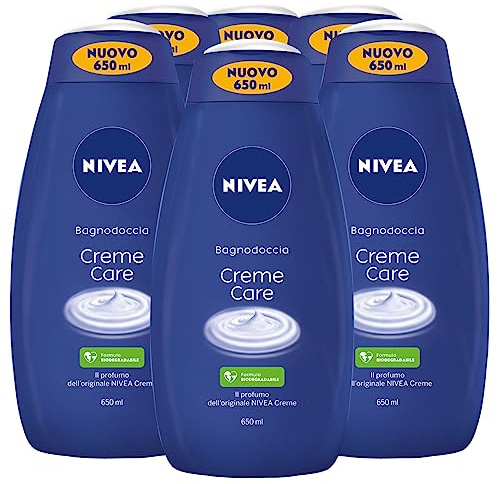 Nivea Duschbad Creme Care Biologisch abbaubare Formel mit Duft des Original-Nivea Cremes, feuchtigkeitsspendend, pflegend, für alle Hauttypen – 6 Flaschen à 650 ml