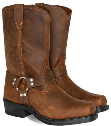 ENWIND Hommes Cuir Équitation Moto Bottes Chevalier Mi-Mollet Bout Carré Western Cowboy Biker, Jaune, 42 EU