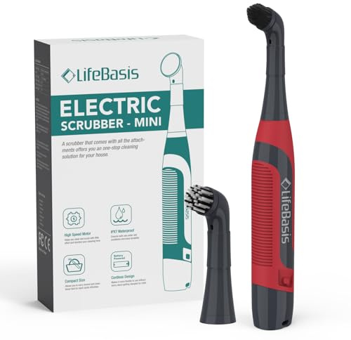 LifeBasis Cordless Electric Cleaning Brush, Mini Power Scrubber for Cleaning Waterproof Grout with 2 Brush Heads for Bathroom Kitchen Tile Crevice Corner - Red (Batteries Included)