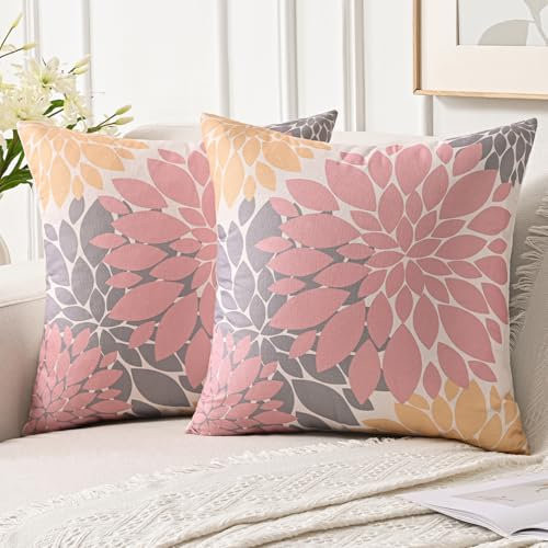 Jayusaror Fundas Cojines 40x40 cm Rosa Modernos Decorativo Lino Dahlia Funda de Almohada Cojines de Sofá Verano Otoño Fundas de Cojín para Banco Sala de Estar Dormitorio, 2 Piezas