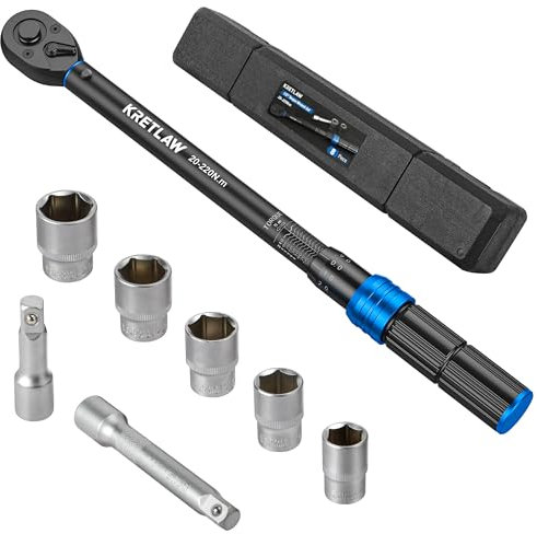 KRETLAW Drehmomentschlüssel 8tlg. 1/2 Drehmoment-Schlüssel 20-220Nm Set mit 76/125mm Verlängerungen, 17-19-21-22-24mm Stecknuße für Auto, Motorrad, LKW, NKW in Koffer