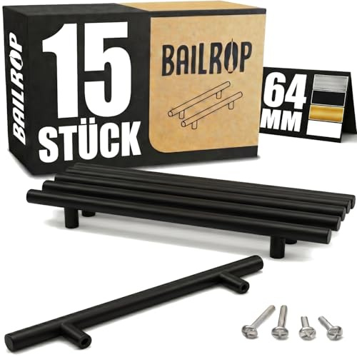 BAILROP Tiradores Cocina Negros 64MM Tiradores Armario Acero Inoxidable – Tiradores para Puertas y Muebles de Cocina Negros (15 PCS)