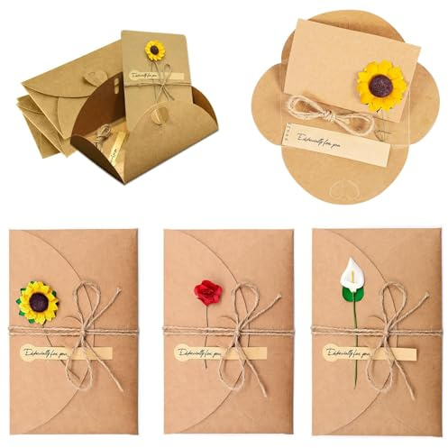 HSYTEK 3 Stück Briefumschläge, Kraftpapier Umschläge, Kuvert Briefkuvert Briefhülle für Grußkarten Einladung Geburtstagskarten, mit Verschiedenen Blumen als Dekoration (17.5 x 11cm)