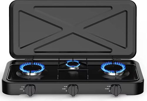 HYQNG Portable Camping Gas Stove, 3 Burner Camping Stove Gas Portable with Safe Lid, Stainless Steel Table Top Gas Cooker, Adjustable Temperature Control, Automatic Ignition,Only for LPG black D