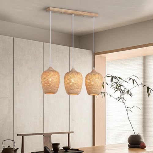 CNMKLM Boho Pendelleuchte Rustikale Esstisch Hängelampe Handgeflochtener Rattan-Korb Küsten-Esszimmerlampe 3 Lichter Bauernhaus Wicker Hängeleuchte Kücheninsel Esszimmer Schlafzimmer Pendellampe(C)