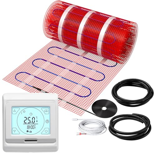 KEZERS Calefacción eléctrica por suelo radiante 150 W/m², autoadhesiva, para azulejos, laminado y más, termostato digital táctil con programa semanal para baño, pasillo, dormitorio, salón, 12 x 0,5 m