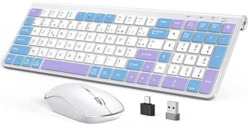 JOYACCESS Clavier et Souris sans Fil Ergonomiques, France AZERTY, Silencieux, Portable, Inclut des Ports USB-A et USB-C, Film Protecteur pour Clavier, pour Mac/PC/Laptop/Windows - Bleu et Violet