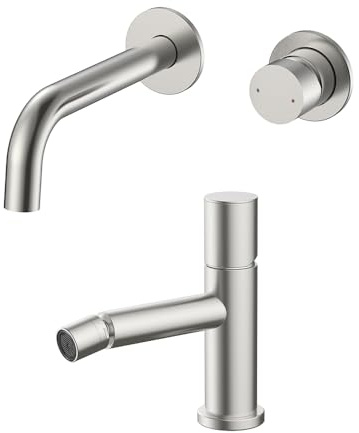 Set miscelatori lavabo a muro e bidet satinato in acciaio inox, manopola rotante e indicatori per l’acqua, GEMINI