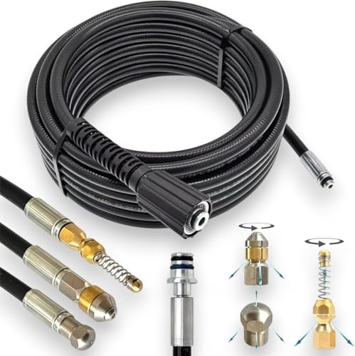 M&M Smartek Rohrreinigungsschlauch für Hochdruckreiniger, Universal M22 IG mit 14mm/15mm Dorn, inklusive rotierender + starrer Düsen, Längen von 3m bis 100m (Set - Starr, Rotierend, Feder, 15 Meter)