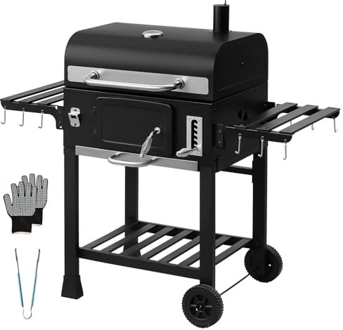 TEENO Barbecue Carbonella，portatile Carrello da Cottura Al Carbone di Legno XXL, Barbecue con Coperchio, Termometro, Guanti Anti-Calore, Camino e Apribottiglie Integrato