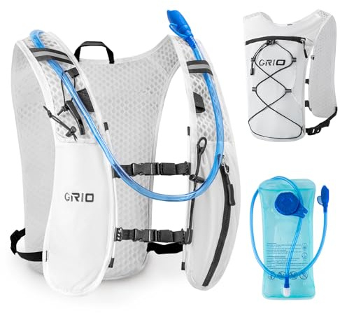 GRIO Laufweste Damen Herren mit 1,5L Trinkblase, Ultraleicht Verstellbar Reflektierend, Running Vest Trinkweste Laufen mit Handyfach, Laufrucksack Trinkrucksack für Wandern (Weiß, Einheitsgröße)