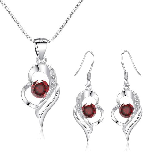 Kamise Schmuck Set Damen, Herz Silber Hängeohrringe & Silberkette Set für Damen, 925 Sterling Silber Ohrhänger Ohrringe und Halskette mit Rot Zirkonia, Hypoallergen Silberschmuck für Mutter Mädchen