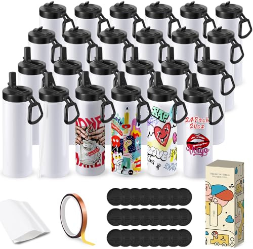 Goanueei Sublimation Tumbler 20oz, 24 Pack Sports Straight Wall Stainless Steel Vacuum Flask, Sublimation Blank Tumbler, Wide Mouth Water Bottle with Portable Handle & Straw - Individually Gift Boxed