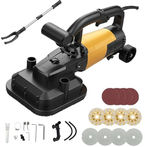 Kit de raboteuse à béton 4 têtes, raboteuse électrique avec tige télescopique, ponceuse portative, 3800 W, 6 vitesses réglables et 6000 tr/min, pour sols en ciment, carrelage et marbre