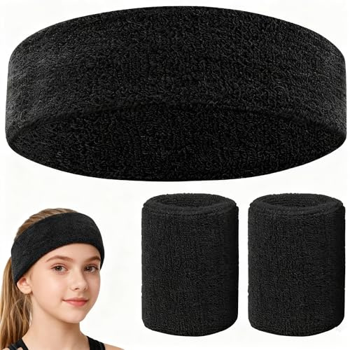 Set di Fasce da Sudore 3 Pezzi - Fascia per Capelli e Polsini in Spugna Sportiva | Assorbenza Massima e Antiscivolo per Palestra Corsa Fitness
