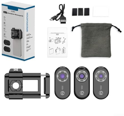 Feeshoppher Lupa de lente de microscopio para teléfono móvil con tres niveles de aumento LED blanco, amarillo y luces UV, cuerpo de aluminio portátil para una inspección detallada del culto de joyería