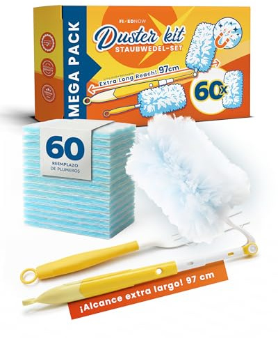 FixedNow 60 x Recambios Plumero XXXL compatibles con Swiffer Duster | Kit Plumero Telescópico Atrapapolvo con Pértiga 97cm - Pack mega de paños en seco para Hogar & Coche