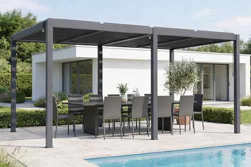 Cazeboo Pergola bioclimatique 5x3m autoportée AGOSTA Aluminium Gris avec Stores rétractables côté 3m