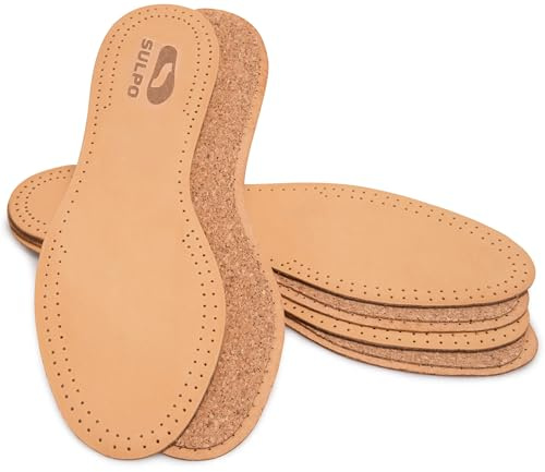 ORTRI 3 Paare Einlegesohlen aus pflanzlich gegerbtem Leder Einlagen mit Naturkork gegen Schweißfüße für Damen und Herren anti Schweiß Geruchsabsorber Sohlen Atmungsaktiv, Beige, 43-44