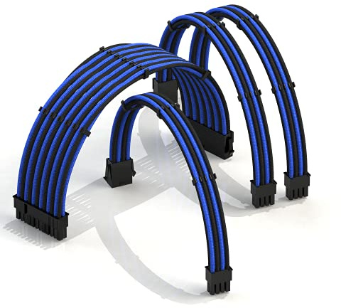 LINKUP - AVA 30cm PSU Cable Extension Sleeved Custom Mod GPU PC Braided w/Comb Kit | 1 x 24 P (20+4) | 1 x 8 P (4+4) CPU | 2 x 8 P (6+2) GPU set | 300mm - BlueBlack