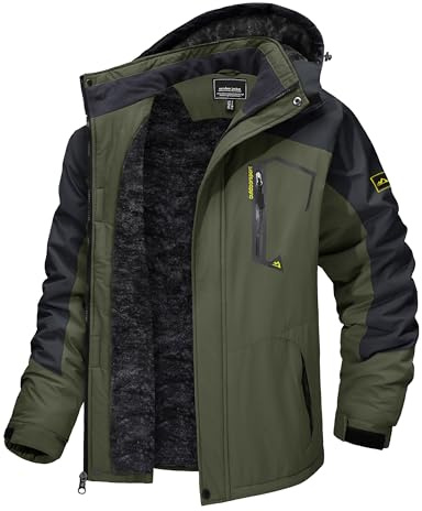 TACVASEN Water Resistant Jackets for Men Windproof Jacket Sports Winter Jacket Fleece Line Skiing Snowboarding Jacket with Hood Multi-Pockets, Green L