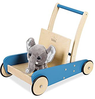 PINOLINO Lauflernwagen Mats, Kinder Laufhilfe mit Bremssystem, gummierte Holzräder, Massivholz: Buche klar und blau lackiert