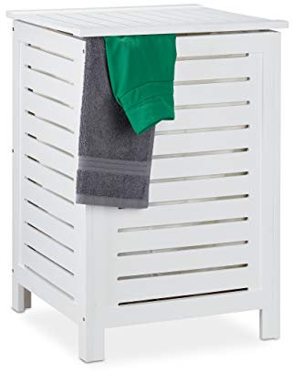 Relaxdays Wäschetruhe mit Deckel, 86 Liter, entnehmbarer Wäschesack, Kiefernholz, Wäschesammler 65,5 x 45 x 45 cm, weiß