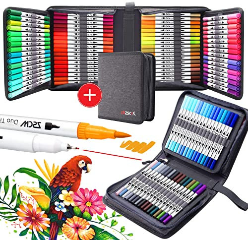 ZSCM 100 Farben Dual Brush Pens Künstlerbedarf, Fine Brush Tip Farbstift für Malbücher für Erwachsene, Künstler-Zeichenset, Journalstifte für das Schreiben von Aufzählungszeichen