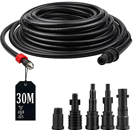 SWAWIS 30M 180bar Déboucheur Canalisation pour Nettoyeur Haute Pression Tuyau de nettoyeur haute pression avec 5 adaptateurs pour nettoyeur haute pression Kärcher/Lavor/Interpump/Bosch