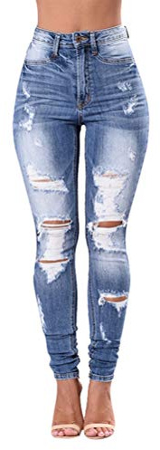 Onsoyours Pantalones Jeans Rotos Vaqueros Push Up Vaqueros Elásticos Pantalones de Cintura Alta Straight Denim Pants Sexy Pantalones Lápiz Pantalones Slim Fit