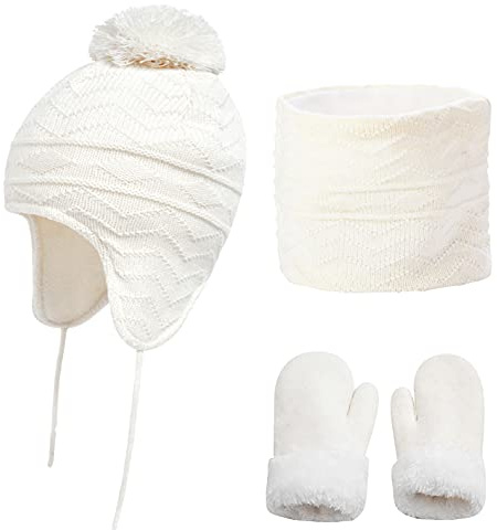 Yutdeng Mütze Strick Baby Schal Fleece Handschuhe Set Fellbommel Beanie Hüte mit Earflap Mädchen Winter Halswärmer Mütze Set Fäustlinge Süß Babymütze Warme Jungen 1-6 Jahre
