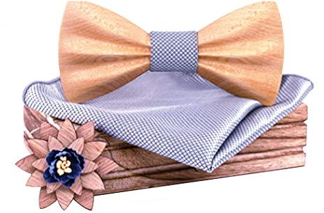 HZQIFEI Jeu de Nœud Papillon en Bois avec Carré de Tissu et Broche pour Cadeau, Réception, Mariage (C13, 3Pcs)
