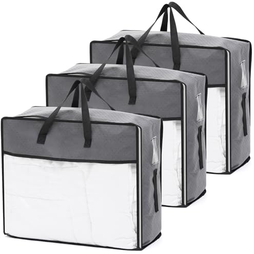 GARPROVM Clothes Storage Bags 3Pcs, 60x23x50cm, Large with Zips and Handles, Clear Duvet Storage with Label Slot, for Clothes, Bedding, Blankets, Pillows