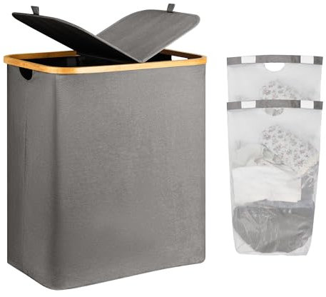 Adel Dream 140L Wäschekorb mit Deckel 2 Fächer, Wäschetasche kann gefaltet werden (Grau)
